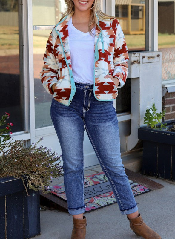 Aztec Buttoned Zipper Pockets Fleece Jacket-SHIPS DIRECTLY TO YOU!