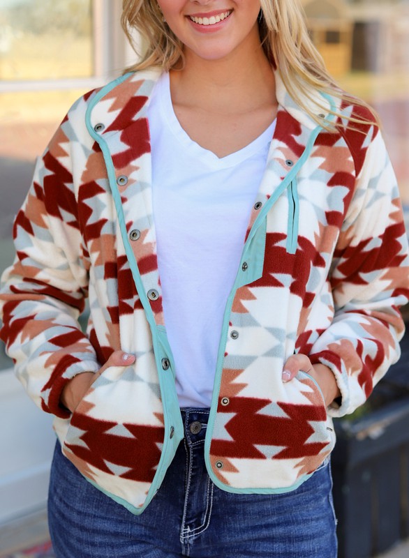 Aztec Buttoned Zipper Pockets Fleece Jacket-SHIPS DIRECTLY TO YOU!