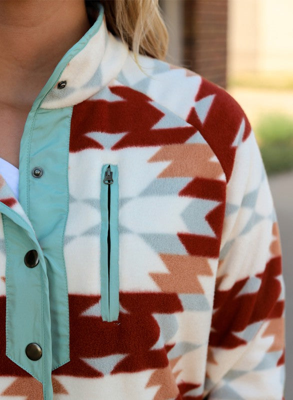 Aztec Buttoned Zipper Pockets Fleece Jacket-SHIPS DIRECTLY TO YOU!