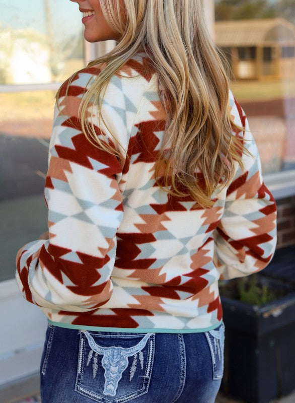 Aztec Buttoned Zipper Pockets Fleece Jacket-SHIPS DIRECTLY TO YOU!