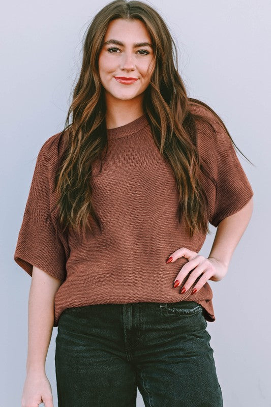 Coffee High Neck Short Bat Sleeve Sweater-SHIPS DIRECTLY TO YOU!