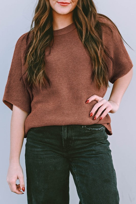 Coffee High Neck Short Bat Sleeve Sweater-SHIPS DIRECTLY TO YOU!