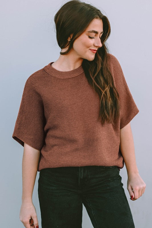Coffee High Neck Short Bat Sleeve Sweater-SHIPS DIRECTLY TO YOU!