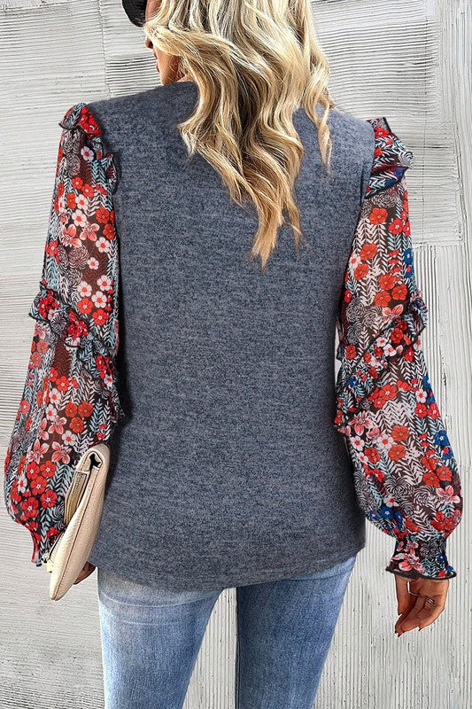 Ruffle Tiered Floral Sleeve Crew Neck Blouse-SHIPS DIRECTLY TO YOU!