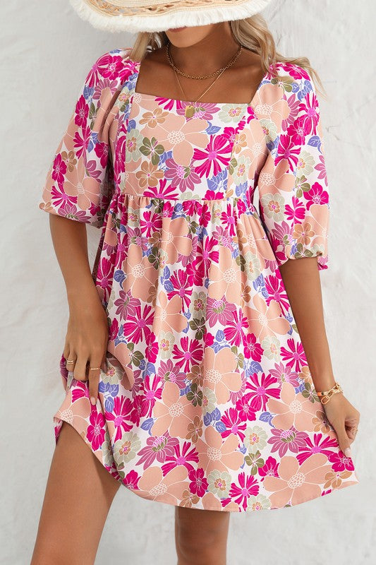 Floral Square Neck Puff Sleeve Babydoll Dress-SHIPS DIRECTLY TO YOU!