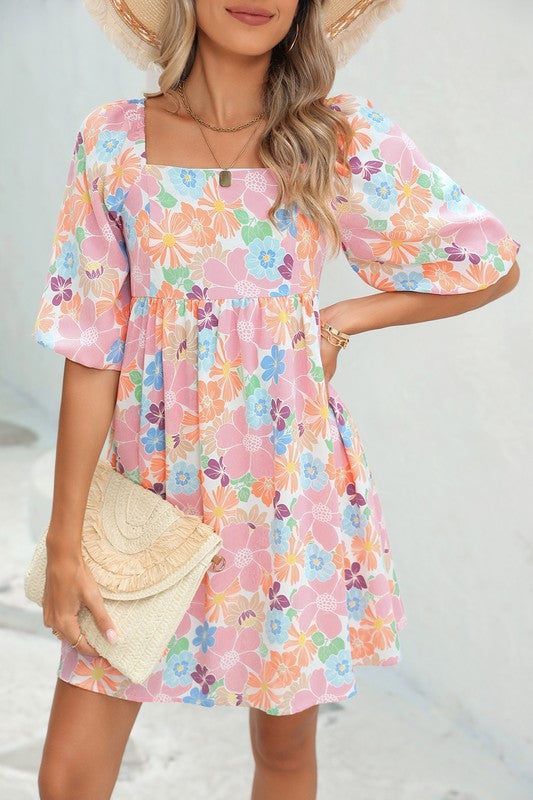 Floral Square Neck Puff Sleeve Babydoll Dress-SHIPS DIRECTLY TO YOU!