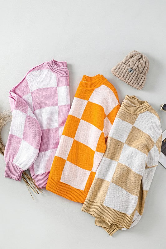 Plaid Exposed Seam Bishop Sleeve Sweater-SHIPS DIRECTLY TO YOU!
