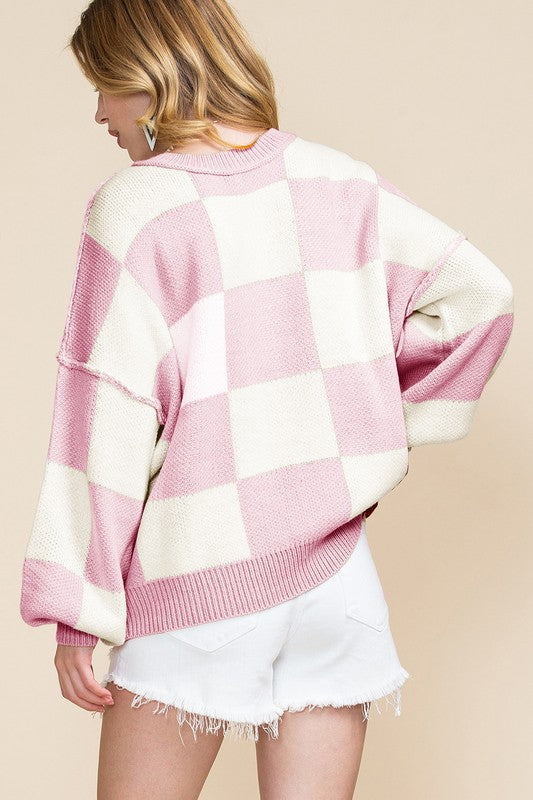 Plaid Exposed Seam Bishop Sleeve Sweater-SHIPS DIRECTLY TO YOU!