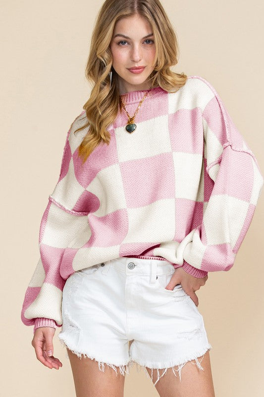 Plaid Exposed Seam Bishop Sleeve Sweater-SHIPS DIRECTLY TO YOU!