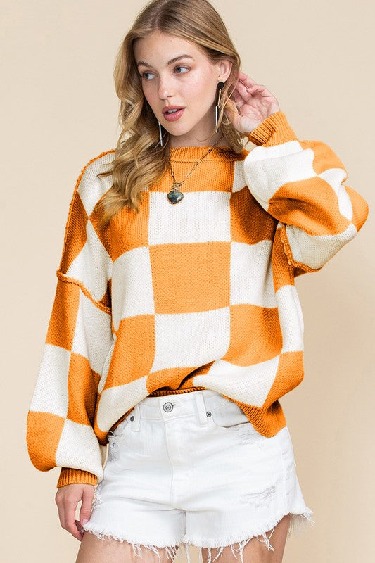 Plaid Exposed Seam Bishop Sleeve Sweater-SHIPS DIRECTLY TO YOU!