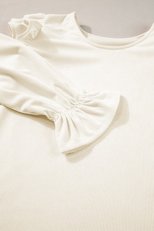 Corduroy Round Neck Ruffled Flounce Sleeve Blouse-SHIPS DIRECTLY TO YOU!