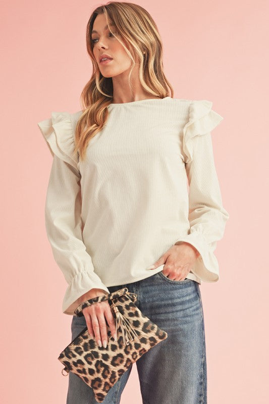 Corduroy Round Neck Ruffled Flounce Sleeve Blouse-SHIPS DIRECTLY TO YOU!