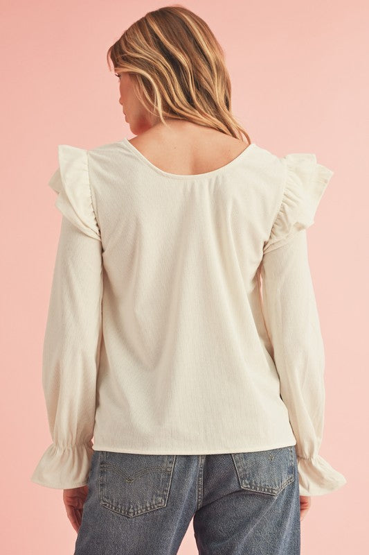 Corduroy Round Neck Ruffled Flounce Sleeve Blouse-SHIPS DIRECTLY TO YOU!