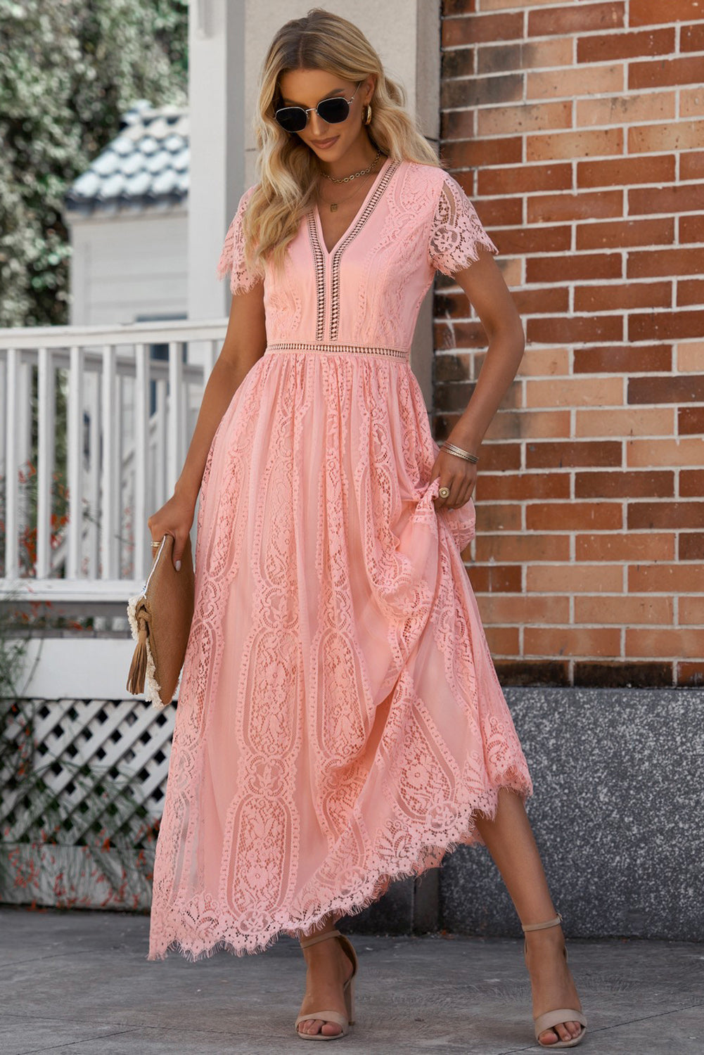 Scalloped Trim Lace Plunge Dress-SHIPS DIRECTLY TO YOU!